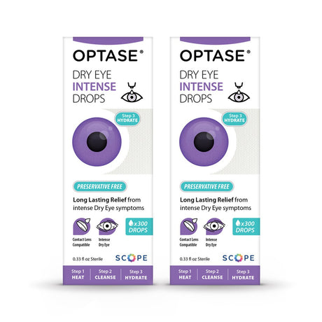 The Optase Intense 2-Pack Preservative Free Eye Drops are displayed with a purple eye graphic. Each box provides long-lasting relief for moderate to severe dry eyes, includes over 300 drops, and features steps: heat, cleanse, hydrate.