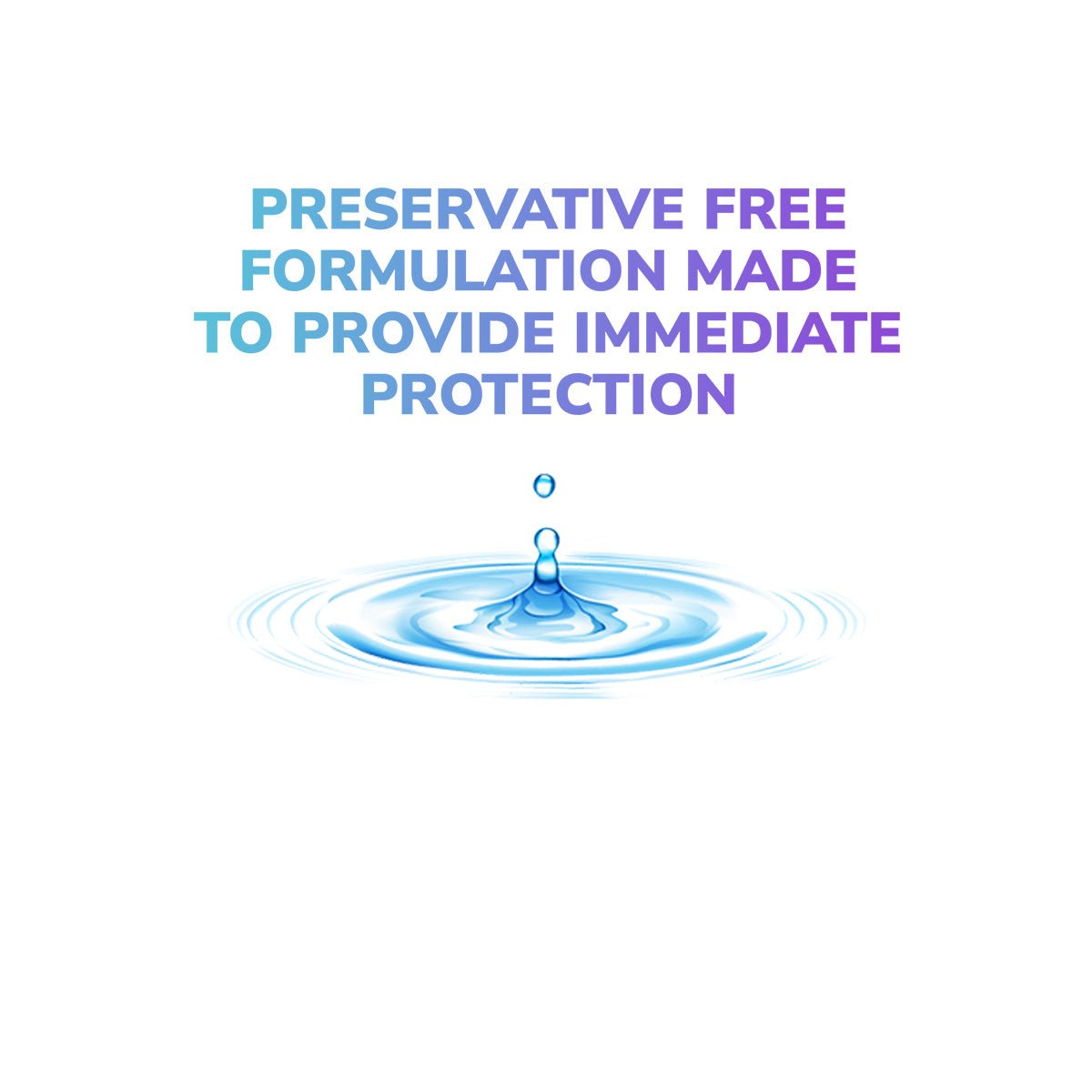 A water droplet splashes with ripples under the text, Optase Intense Preservative Free Eye Drops 2-Pack for immediate protection in a purple and blue gradient on a white background. Ideal for moderate to severe dry eye relief.