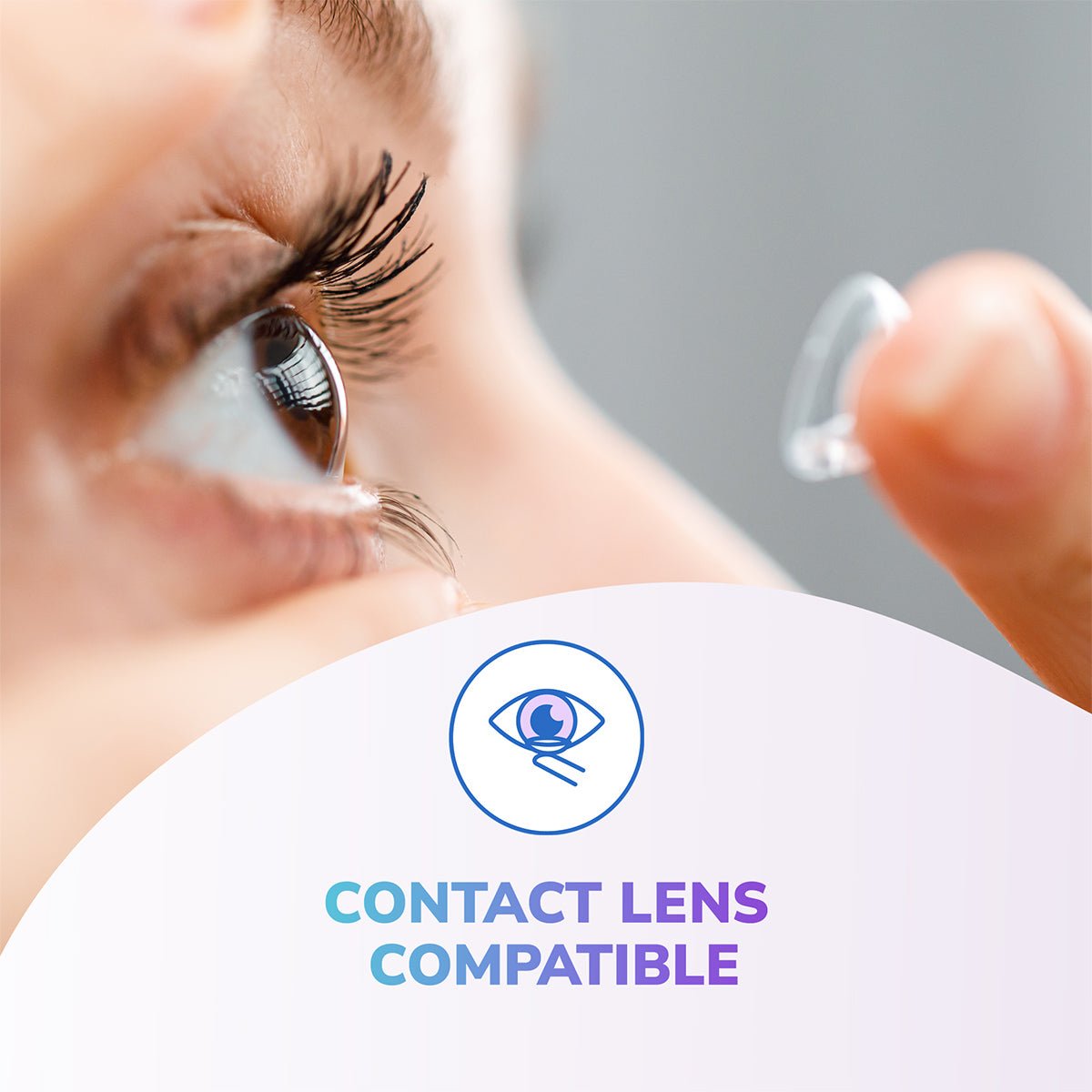A close-up shows a person inserting a contact lens with a graphic of an eye and the text: Optase Intense Preservative Free Eye Drops, ideal for moderate to severe dry eye. The photo highlights the focus on the eye and fingers holding the lens.