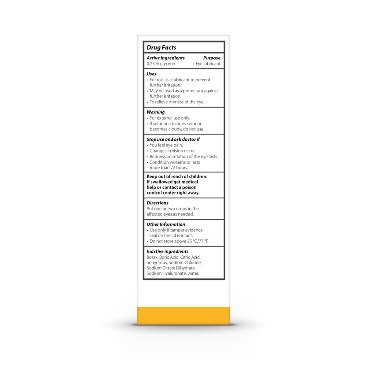 Image of the drug facts label for Optase Hylo Relief Preservative-Free Eye Drops. It lists active ingredient glycerin (0.25%), warnings, and directions, advising external use only and consulting a doctor if dry eye disease persists, especially with manual dexterity issues.