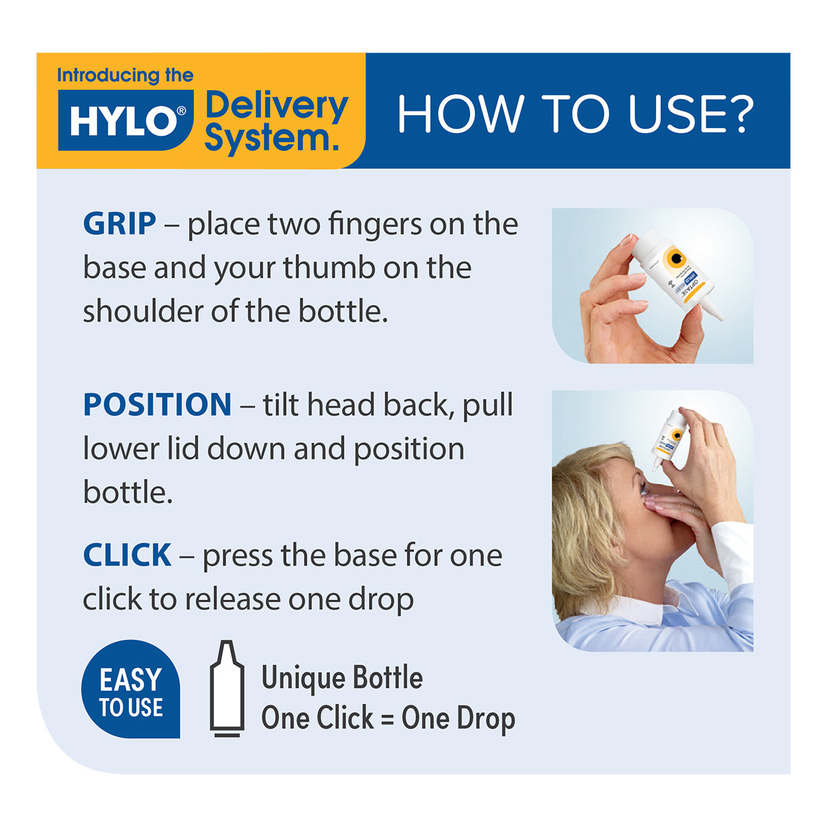 Instructions for using Optase Hylo Relief Preservative-Free Eye Drops: Hold the bottle, tilt your head back, pull down the lower lid, and click the base to release a drop. Suitable for users with manual dexterity issues. The label emphasizes ease of use and unique design, illustrated by an image.