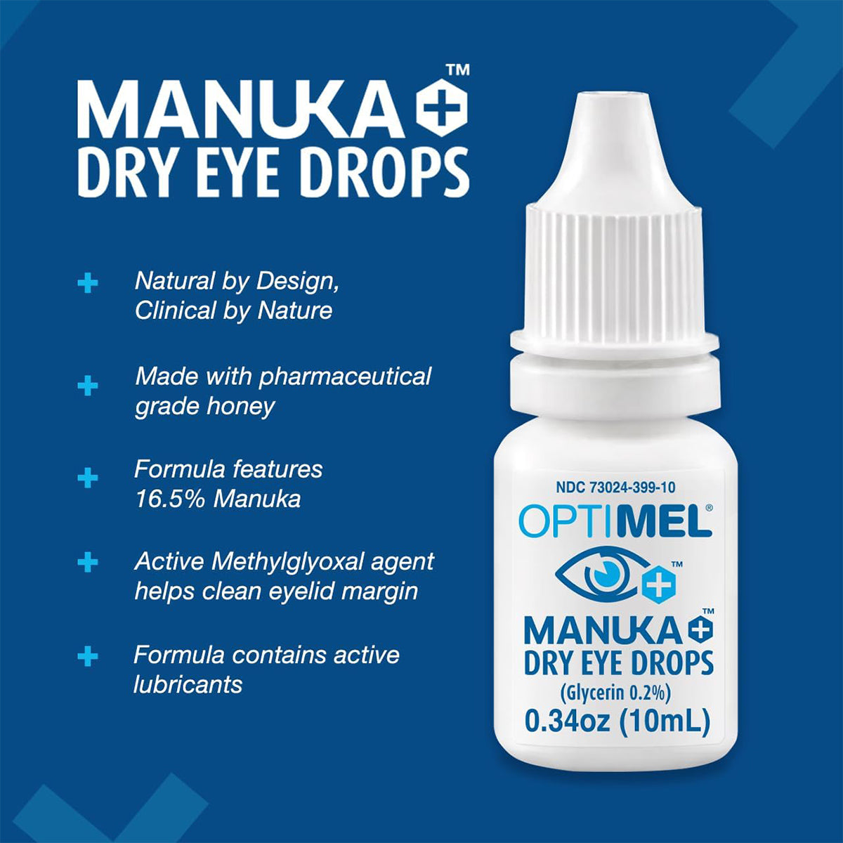Image of a Melcare Optimel Manuka Eye Drops 0.2% 10ml bottle with a blue label, showcasing a natural, clinical design and pharmaceutical-grade Manuka honey. The formula provides dry eye relief and contains active Methylglyoxal for clean eyelid margins, supporting meibomian gland dysfunction.