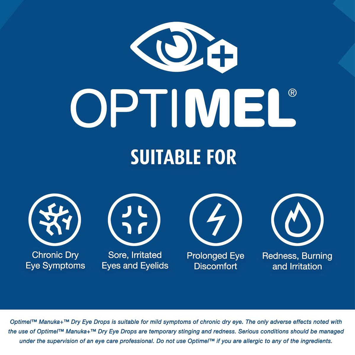 Infographic for Optimel Manuka Eye Drops 0.2% by Melcare, featuring a large eye icon, text stating Suitable For, and icons with descriptions: Chronic Dry Eye Symptoms, Sore/Irritated Eyes/Eyelids, Prolonged Discomfort from Meibomian Gland Dysfunction, Redness, Burning & Irritation.