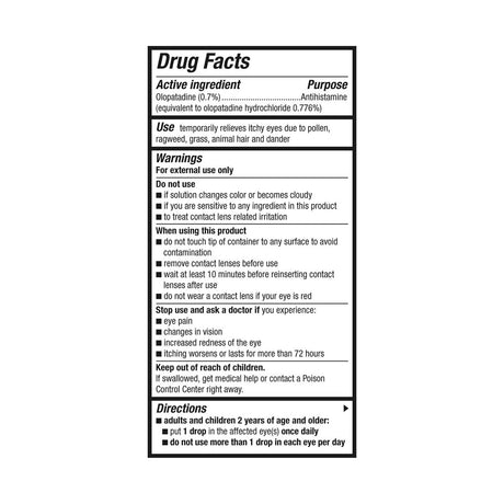 The product label for Alcons Pataday Once Daily Relief Extra Strength (2.5ml, Twin Pack) emphasizes its active ingredient, Olopatadine (0.7%), ensuring effective allergy relief and providing usage guidelines and safety precautions for both adults and children 2 years and older.