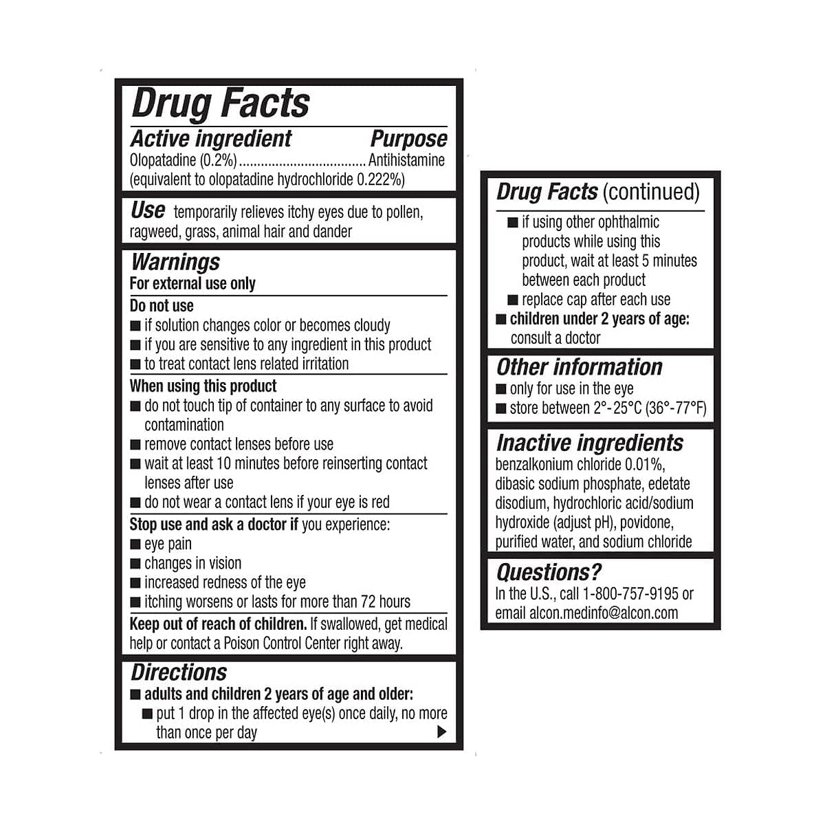 The drug facts label for Alcons Pataday Once Daily Relief Eye Drops (Single & Twin Pack) details Olopatadine Hydrochloride as the active ingredient. It covers usage, warnings, directions, storage instructions, and includes contact info and a website for inquiries.