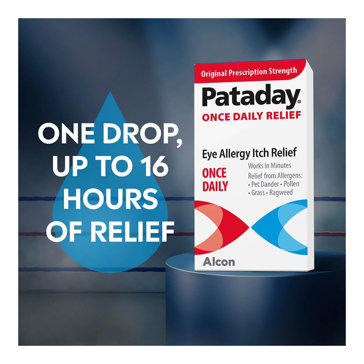 Image of a Pataday Once Daily Relief Eye Drops (Single & Twin Pack) box by Alcon against a dark background. Text reads, One drop, up to 16 hours of relief. The box emphasizes Eye Allergy Itch Relief for allergens such as pet dander and pollen, powered by Olopatadine Hydrochloride antihistamine.