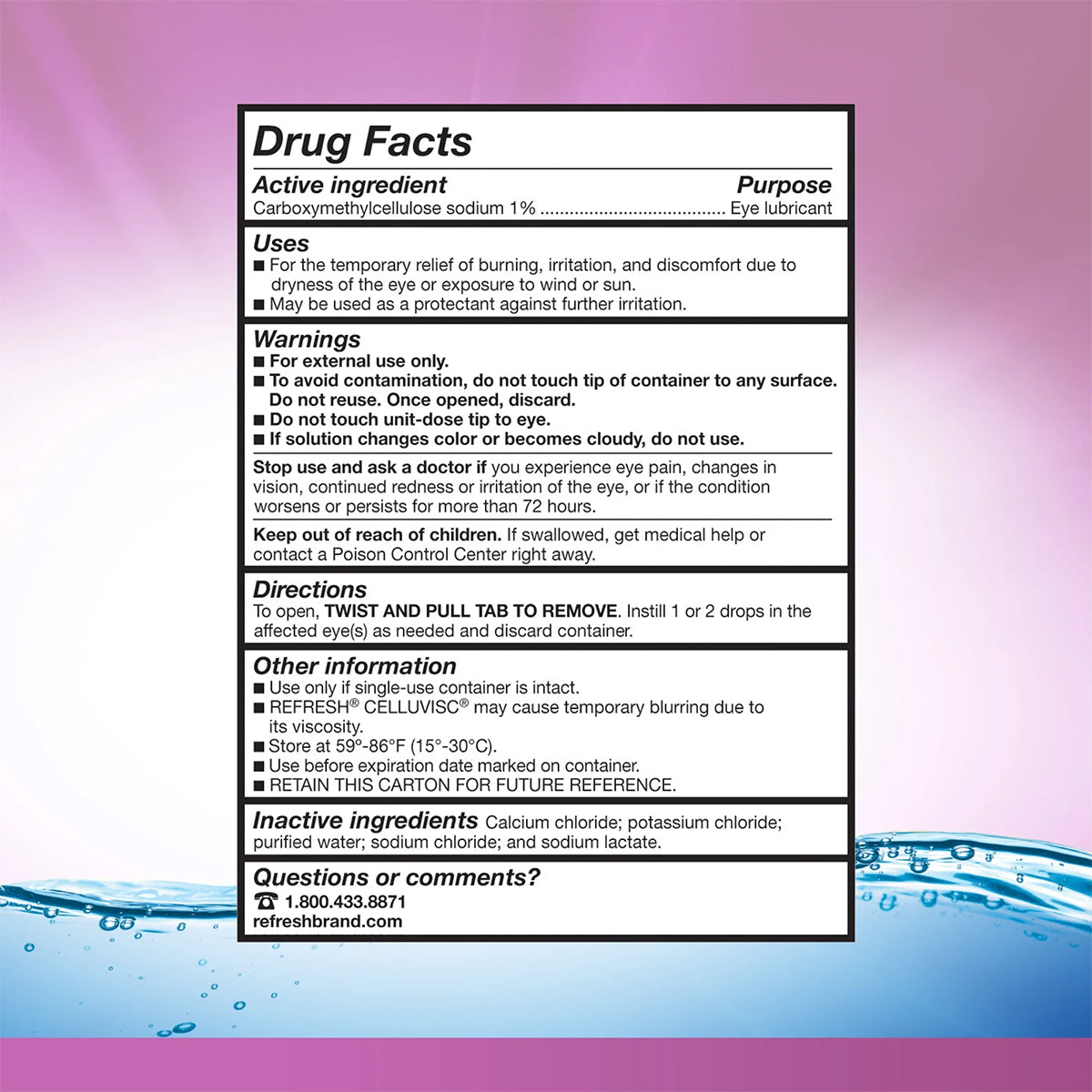 Refresh Celluvisc Lubricant Eye Drops by Abbvie, containing carboxymethylcellulose sodium 1%, offer extra-strength moisture for dry eyes. Use 1-2 preservative-free drops as needed. Includes warnings, inactive ingredients, and contact info. Background: gradient pink to blue.