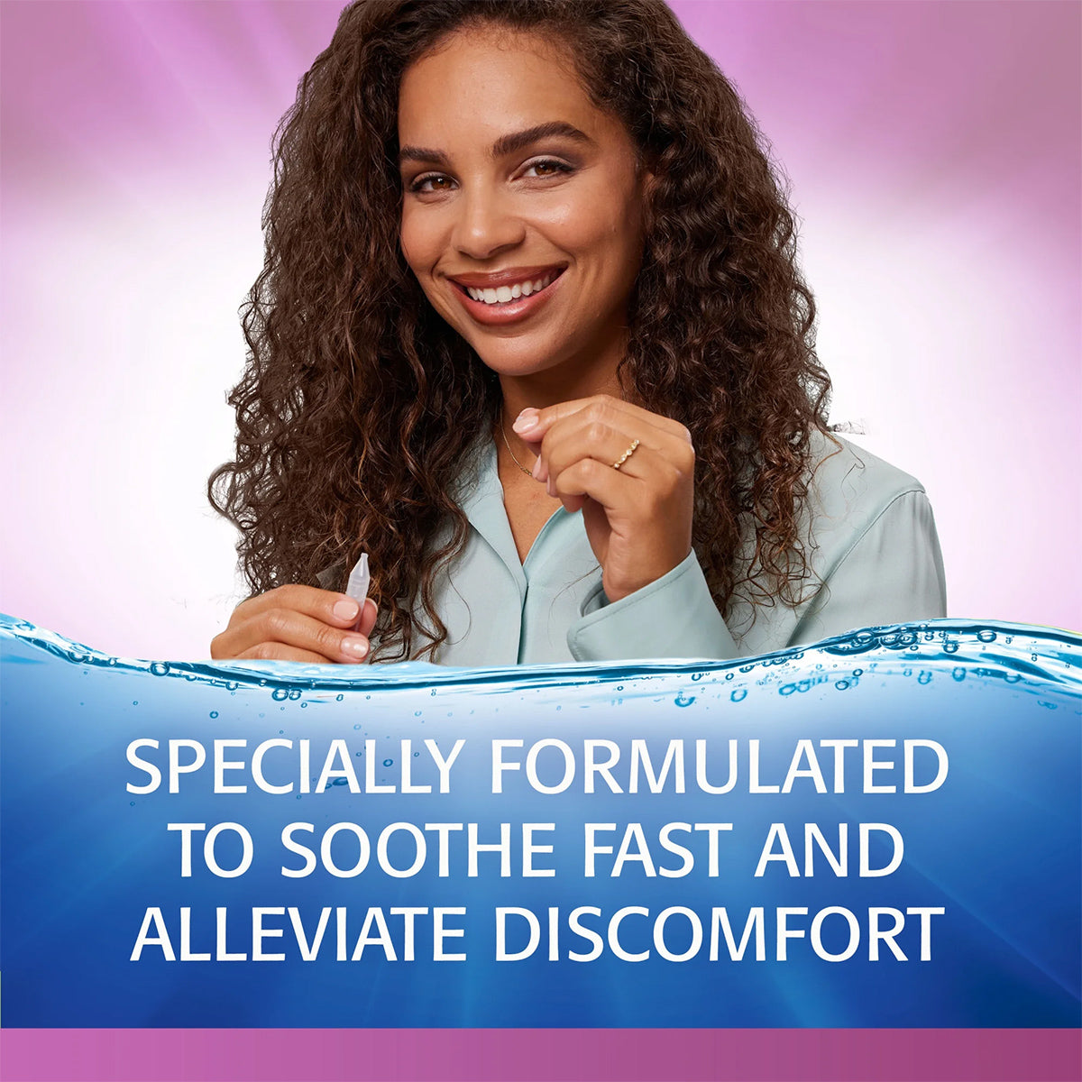 A smiling woman with curly hair holds a small bottle. The background is pink and white, featuring a blue wave below. Text reads: Refresh Celluvisc Lubricant Eye Drops – Extra-strength moisturizing relief to soothe and alleviate dry eye symptoms, specially formulated by Abbvie.