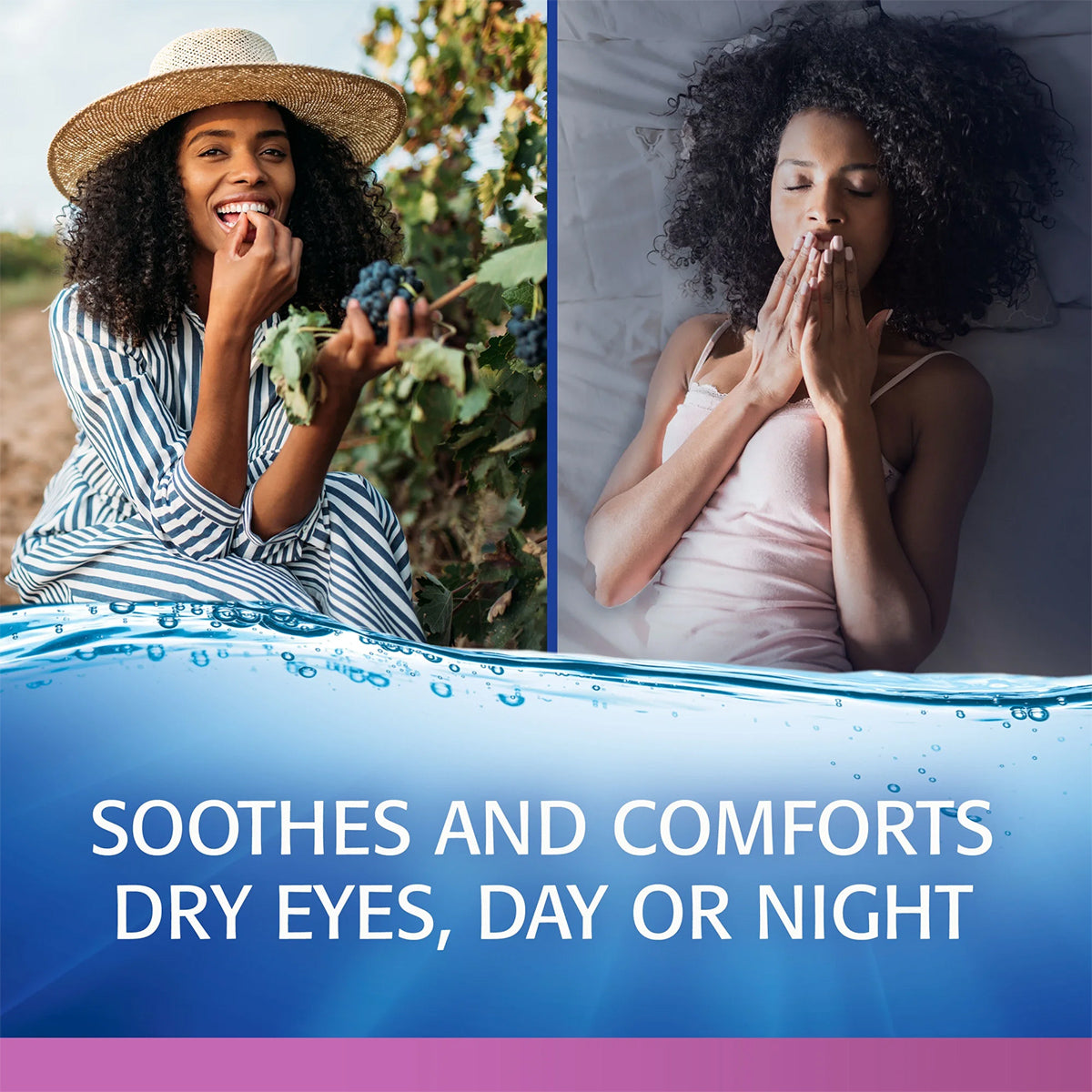 Split image: Left, a woman in a striped dress and straw hat enjoys grapes in a vineyard. Right, she lies in bed with closed eyes and hands on her chest. Text reads: Refresh Celluvisc by Abbvie soothes dry eye symptoms, day or night, with preservative-free lubricant eye drops.