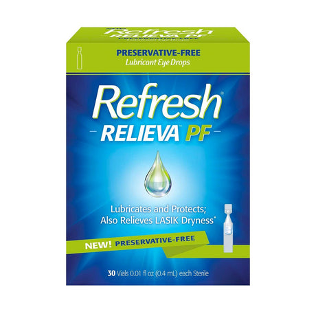 The Abbvie Refresh Relieva Preservative-Free Lubricant Eye Drops come in green and blue packaging with a drop symbol, emphasizing relief for dry, irritated eyes post-LASIK. It includes 30 single-use vials of 0.01 fl oz (0.4 mL) each for lubrication and protection.