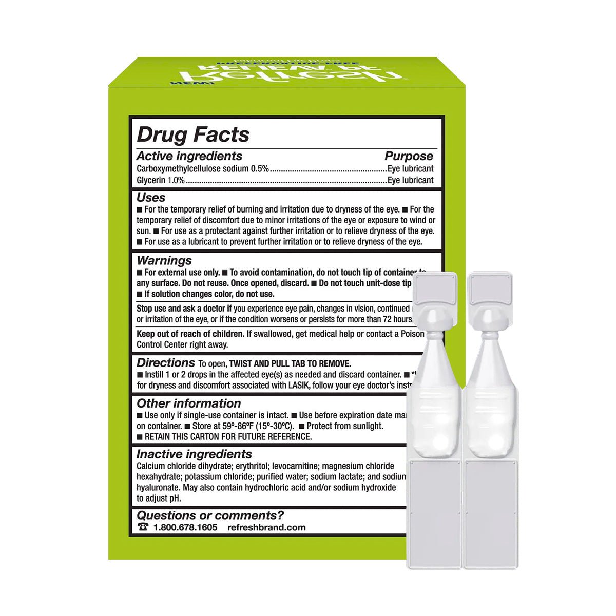The Abbvie Refresh Relieva Preservative-Free Lubricant Eye Drops come in a green box with Drug Facts detailing active ingredients, warnings, and directions for dry eyes. It includes a customer service number and contains 30 single-use vials.