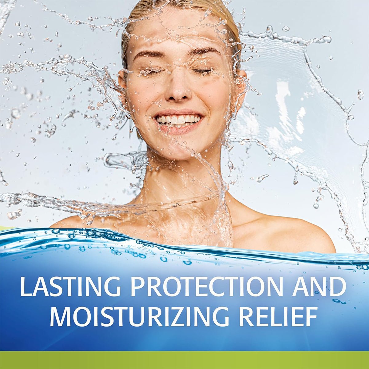A woman smiles with water splashing around her face against a light backdrop. Text reads Lasting Protection and Moisturizing Relief on a blue-green gradient banner, highlighting Abbvies Refresh Relieva Preservative-Free Lubricant Eye Drops in convenient 30 Single-Use Vials for dry, irritated eyes.