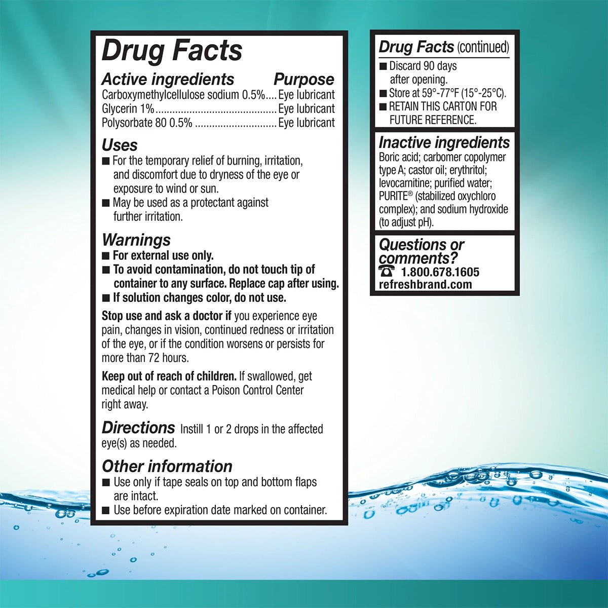 An image shows drug facts for REFRESH® DIGITAL Lubricant Eye Drops (Abbvie, 10mL) with HydroCell Technology, listing ingredients, uses, warnings, directions, storage instructions, and a contact number. A gradient blue background and water imagery enhance the display.