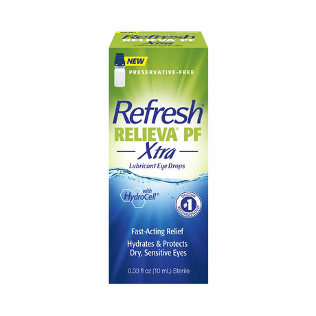 Refresh Relieva PF Xtra – Advanced Preservative-Free Lubricant Eye Drops (10mL) by Abbvie offers fast-acting relief and advanced hydration for dry, sensitive eyes. Utilizing HydroCell technology with Trehalose, its the #1 doctor-recommended brand.