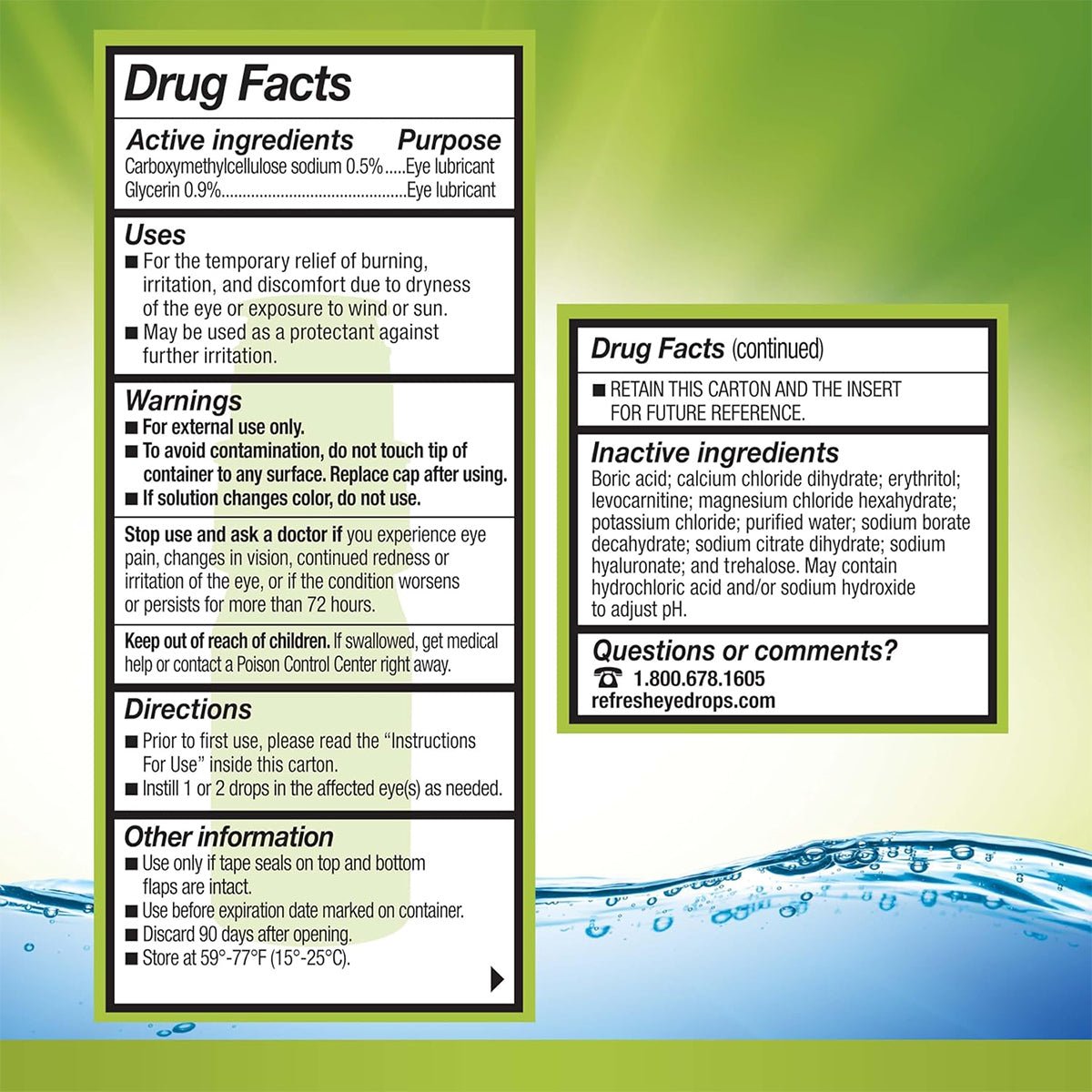 The image details drug facts for Refresh Relieva PF Xtra – Advanced Preservative-Free Lubricant Eye Drops by Abbvie, outlining active/inactive ingredients like Trehalose, warnings, usage directions, storage instructions, and contact info for questions or comments.