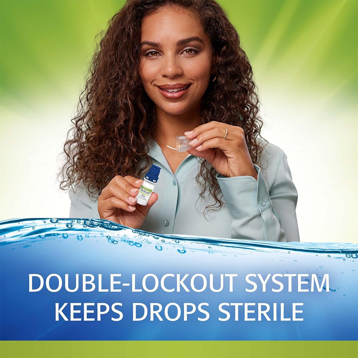 A curly-haired person in a light teal blouse holds an Abbvie Refresh Relieva PF Xtra 10mL bottle with a clear cap. The background showcases the text Double-lockout system keeps preservative-free lubricant drops sterile against a green and blue setting.