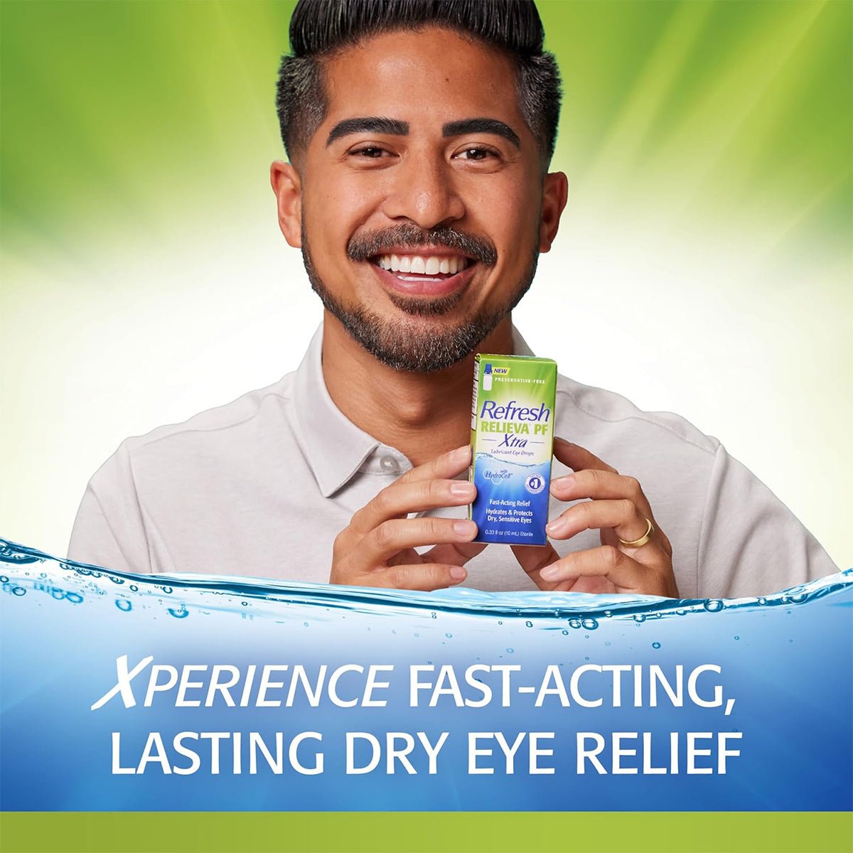 A smiling person holds a box of Refresh Relieva PF Xtra eye drops from Abbvie against a green gradient background, with text below: Experience advanced hydration and long-lasting dry eye relief with our preservative-free lubricant eye drops.