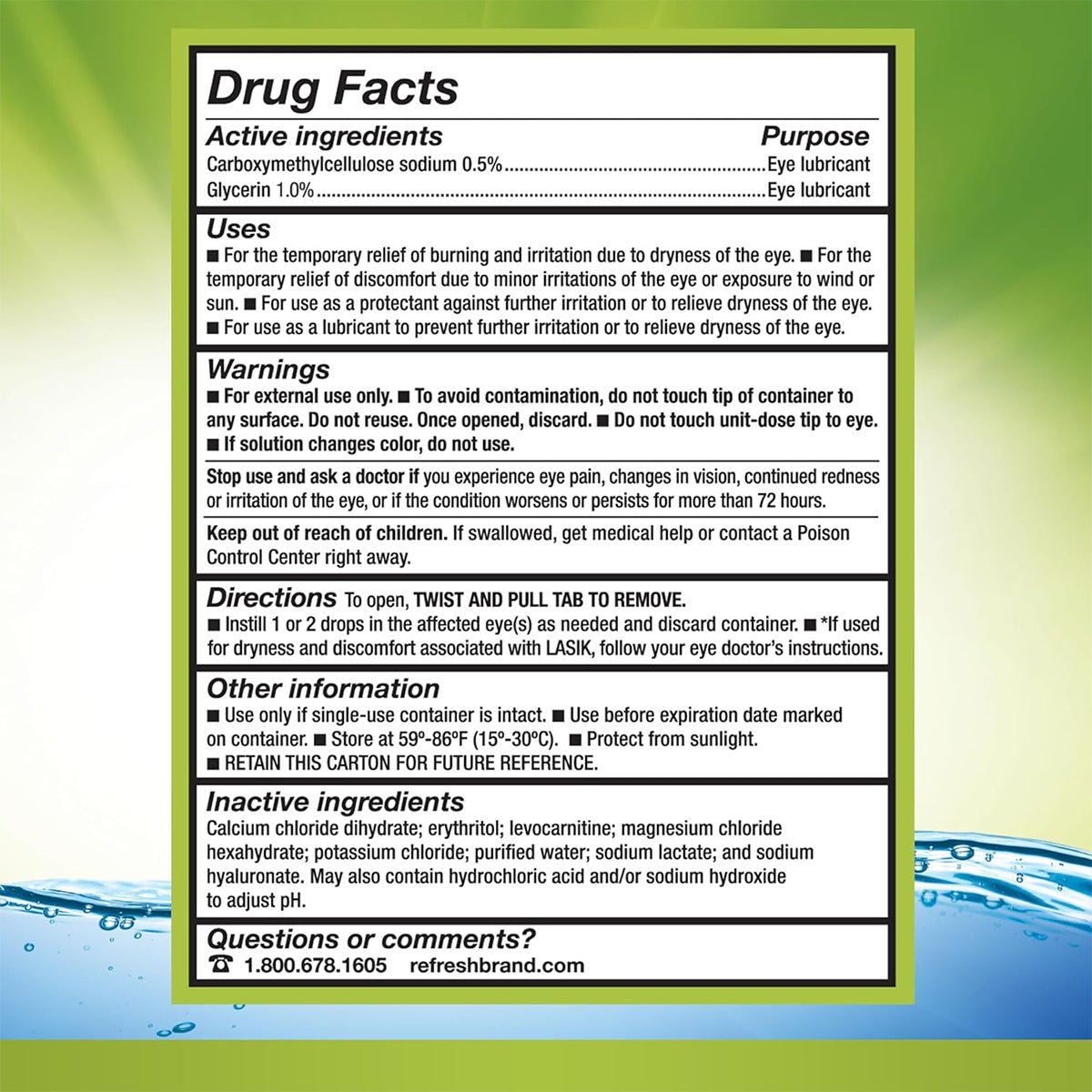 The Drug Facts label for Abbvies Refresh Relieva Preservative-Free Lubricant Eye Drops (10mL) details active ingredients, purpose, warnings, and usage directions to soothe dry eyes. It includes customer service info against a blue-green water droplets background.