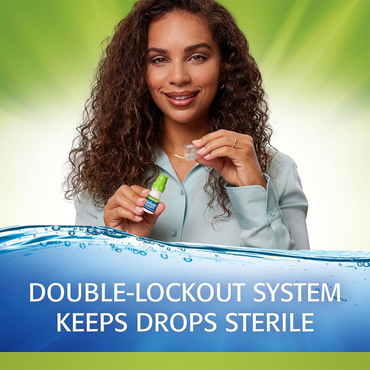 A person with long, curly hair smiles holding a Refresh Relieva Preservative-Free Lubricant Eye Drops (10mL) from Abbvie. The backdrop shows a green and blue water splash with text: Double-lockout system keeps drops sterile and preservative-free.