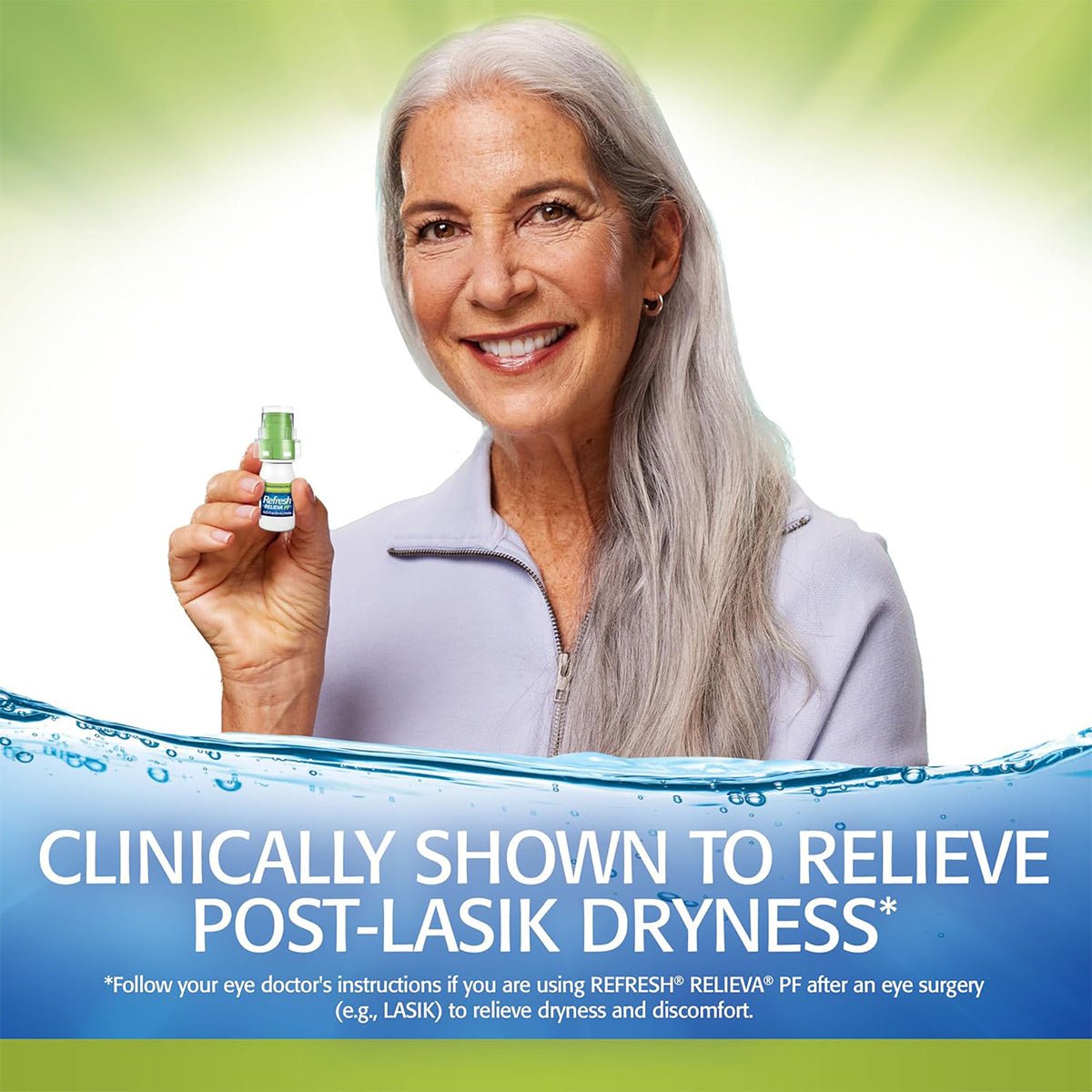 An older adult smiles, holding Abbvies Refresh Relieva Preservative-Free Lubricant Eye Drops (10mL Multi-Dose Bottle). The text claims clinical relief for post-LASIK dryness and advises consulting an eye doctor. A water-themed background conveys a soothing message.