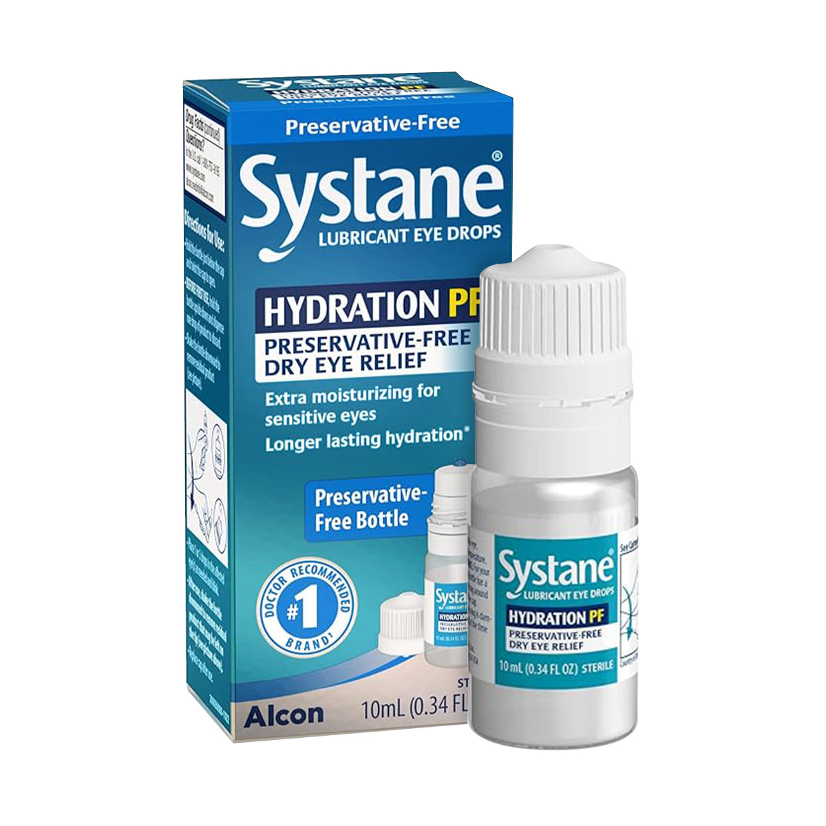 Alcons Systane Hydration PF Lubricant Eye Drops offer dry eye relief in a preservative-free formula. The 10ml bottle matches its blue and green packaging, featuring sodium hyaluronate for soothing and lasting hydration.