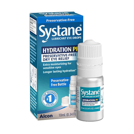 Alcons Systane Hydration PF Lubricant Eye Drops offer dry eye relief in a preservative-free formula. The 10ml bottle matches its blue and green packaging, featuring sodium hyaluronate for soothing and lasting hydration.