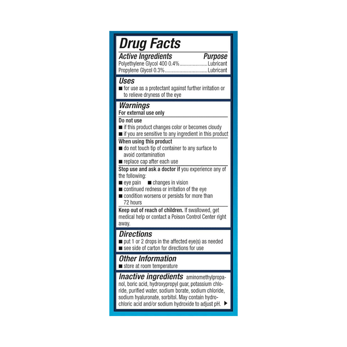 The Systane Hydration PF Lubricant Eye Drops by Alcon, a preservative-free 10ml eye drop, lists active ingredients polyethylene glycol and sodium hyaluronate on its Drug Facts label, along with uses, warnings, directions, and precautions. It serves as a lubricant and protective hydrator.