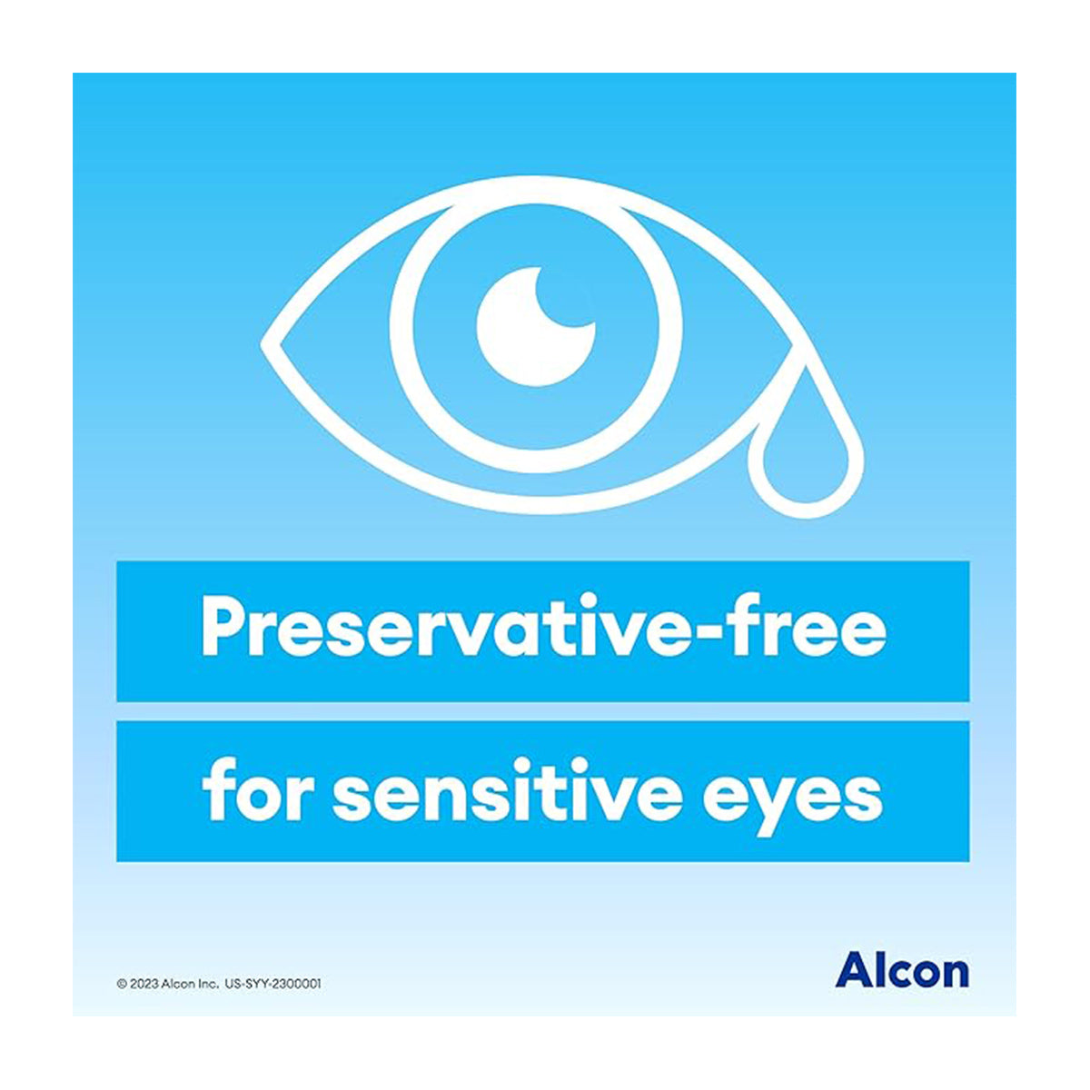 An illustration of a white eye on a blue backdrop with a teardrop shows the benefits of Systane Hydration PF. The text says, Preservative-free for sensitive eyes. The Alcon logo is in the bottom right corner.