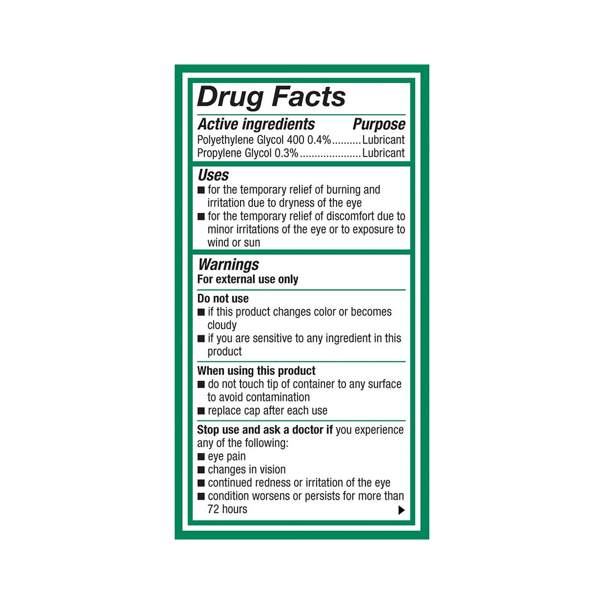 This image shows the drug facts label for Alcons Systane Ultra High Performance Lubricant Eye Drops, featuring lubricants Polyethylene Glycol 400 and Propylene Glycol. It promises relief for dry eyes and includes uses, warnings, and advice to consult a doctor if symptoms last over 72 hours.