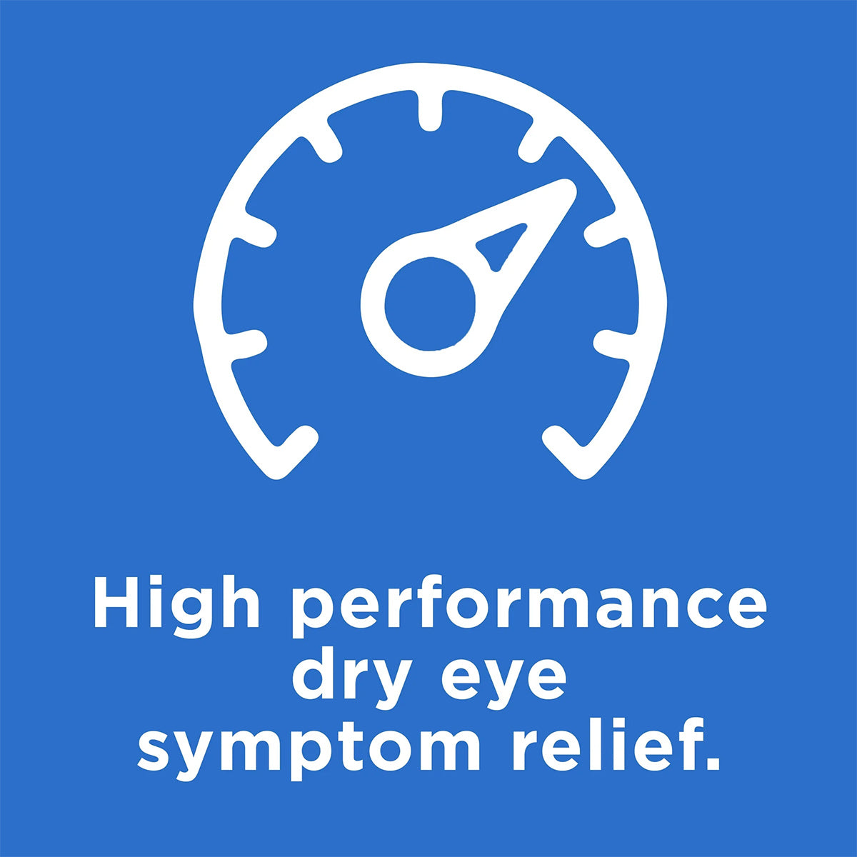 On a blue background, a white speedometer icon with its needle pointing right sits above the text High performance Systane hydration for dry eye symptom relief. The product is Systane Ultra High Performance Lubricant Eye Drops, a 10mL bottle by Alcon.