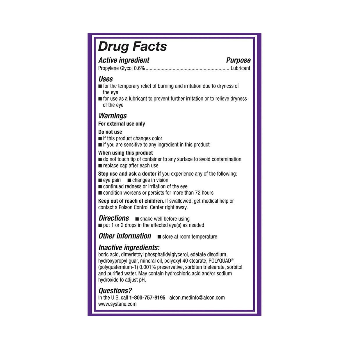 The image shows a drug facts label for Alcons Systane Balance, featuring Propylene Glycol 0.6% as the active ingredient. It details uses like dry eye relief, warnings, directions, inactive ingredients, and provides a contact number for inquiries about these MGD eye drops.