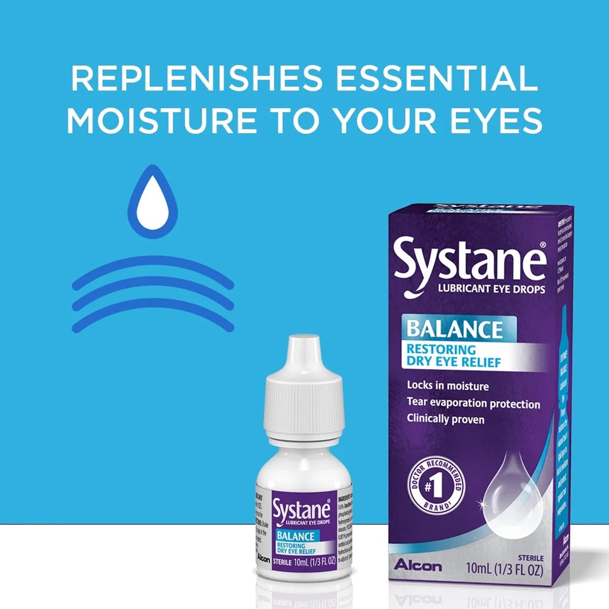 Image of Alcon Systane Balance 2-Pack Lubricant Eye Drops, MGD, Tear Evaporation Protection against a blue background. Text reads Replenishes Essential Moisture to Your Eyes with a droplet icon, highlighting dry eye relief.