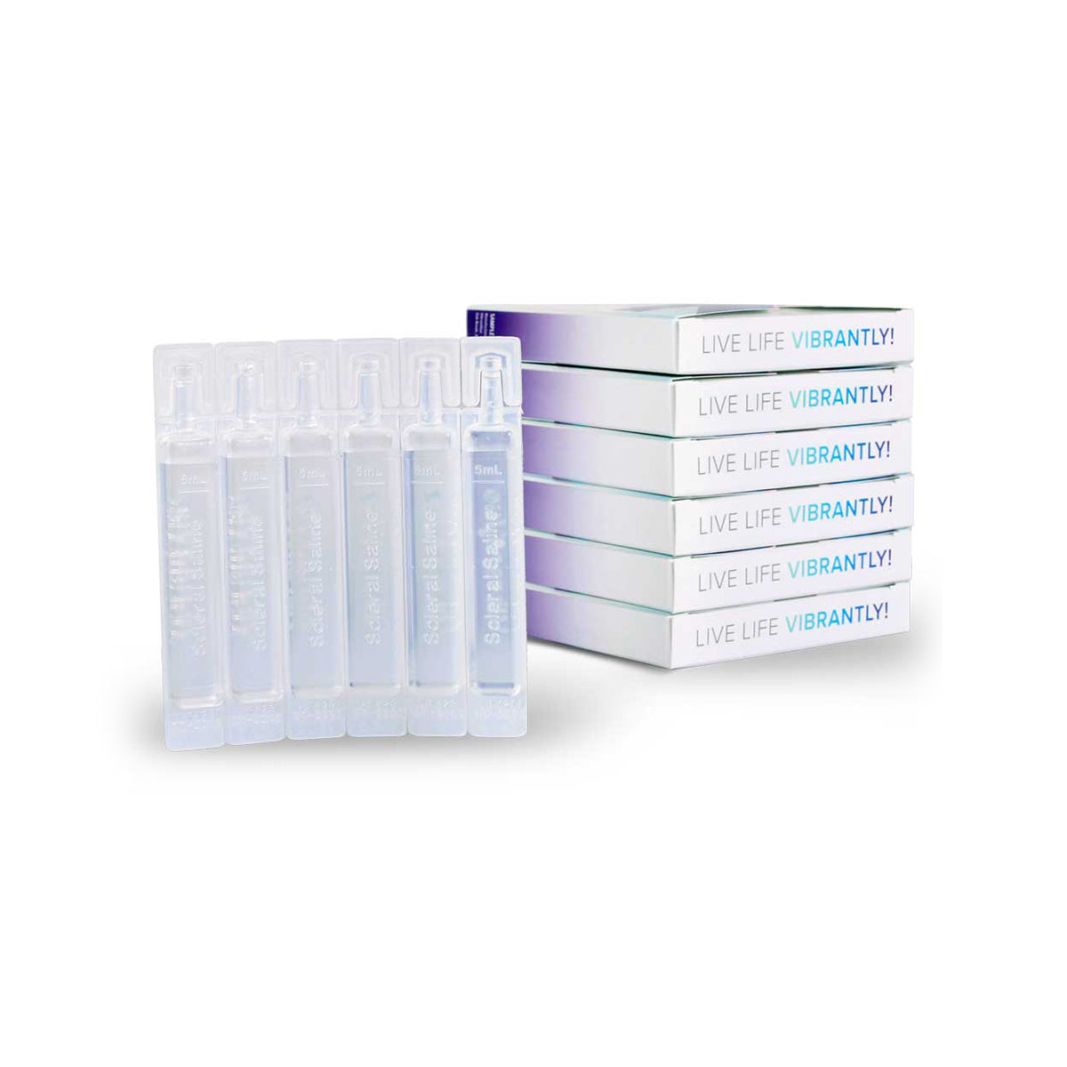 Five clear rectangular ampoules of Visionary Optics Vibrant Vue Saline Lens Rinse and Insertion Fill Solution, boasting a 100% preservative-free formula, are beside four boxes labeled LIVE LIFE VIBRANTLY! against a plain white background, creating an inviting FDA-approved visual.