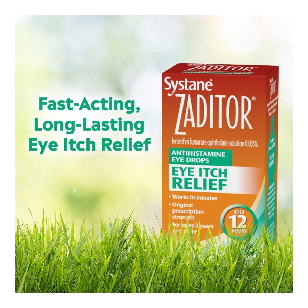 A box of Alcon Zaditor Eye Care Allergy Relief Eye Drops (5 ml) on grass with text: Fast-Acting, Long-Lasting Eye Itch Relief, Works in minutes, Original prescription strength Rx providing eye itch relief, up to 12 hours.
