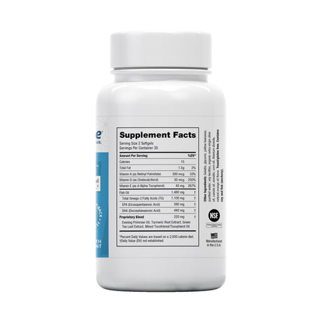 EyePromise® EZ Tears, a white bottle dietary supplement, lists vitamins and nutrients like Omega-3s and features an NSF certification mark for quality assurance, supporting nutritional balance with ingredients such as turmeric and green tea extract.