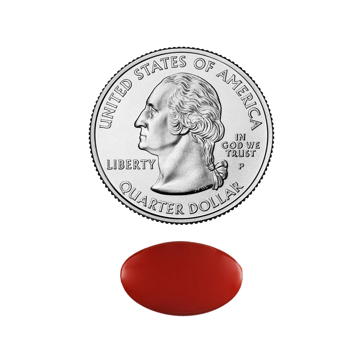 A U.S. quarter displays a profile with United States of America and Liberty, alongside a red, oval object resembling EyePromise® Restore, a doctor-recommended eye health supplement for aging eyes, night vision, and contrast sensitivity support.