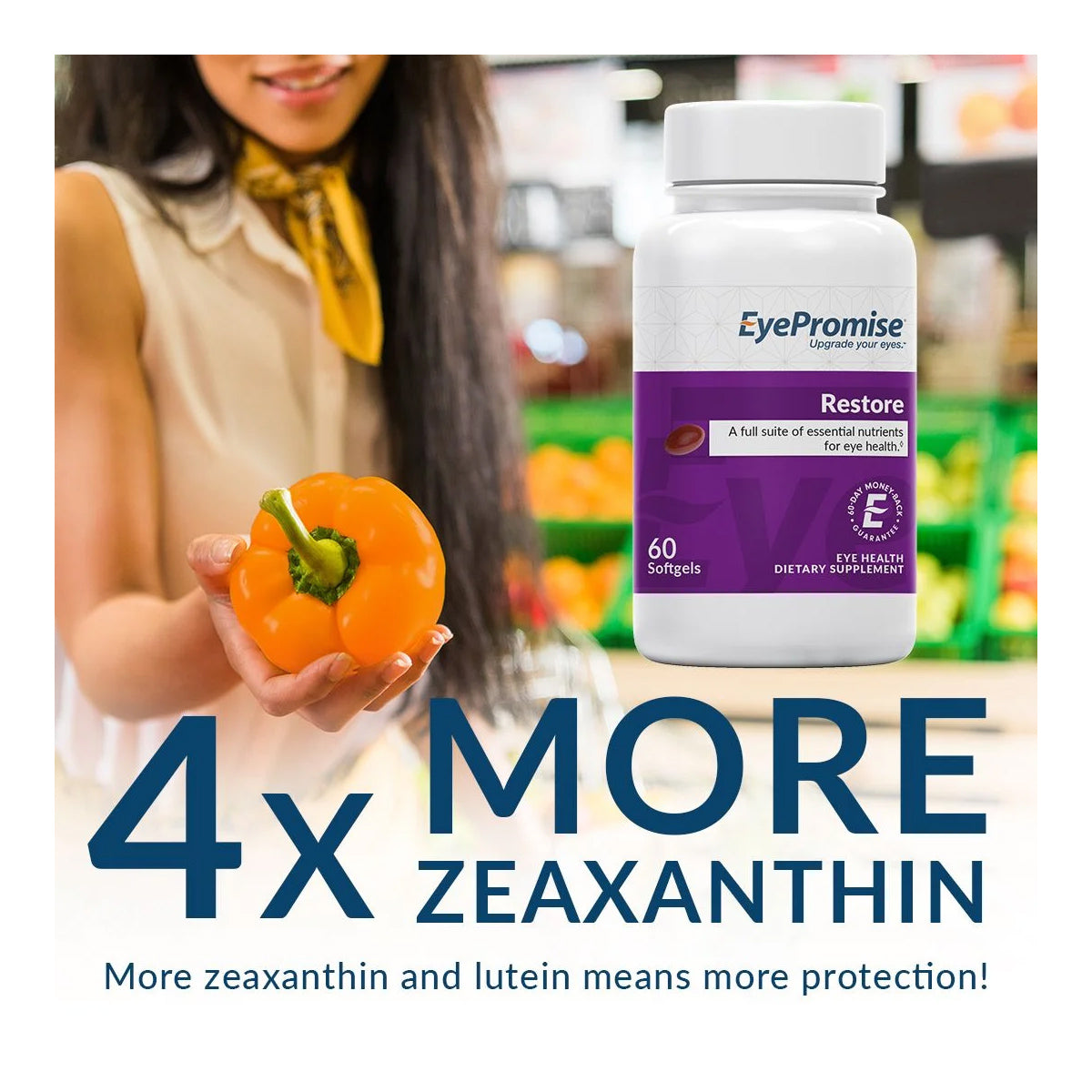 In the grocery stores produce section, a woman holds an orange bell pepper near EyePromise® Restore, a doctor-recommended eye health supplement. The text highlights 4x More Zeaxanthin and explains that increased zeaxanthin and lutein improve eye protection.