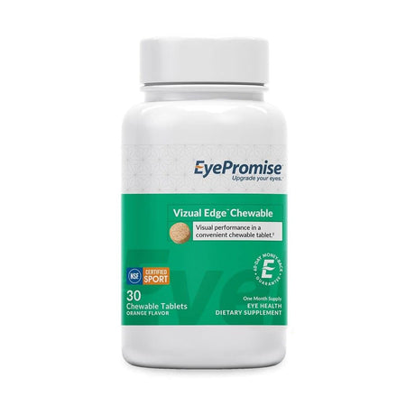 EyePromise Vizual Edge Chewable Eye Vitamin, in a white bottle, contains 30 orange-flavored chewable tablets. It is NSF Certified for Sport and designed to boost visual performance and enhance contrast sensitivity.