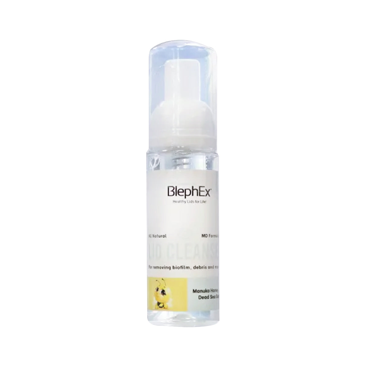 A clear bottle of Blephex Lid Cleansers with Manuka Honey and Dead Sea Salt features a white pump top and brand details, emphasizing its debris-removing role. The label has a small yellow flower image, suggesting soothing qualities similar to Manuka Honey.