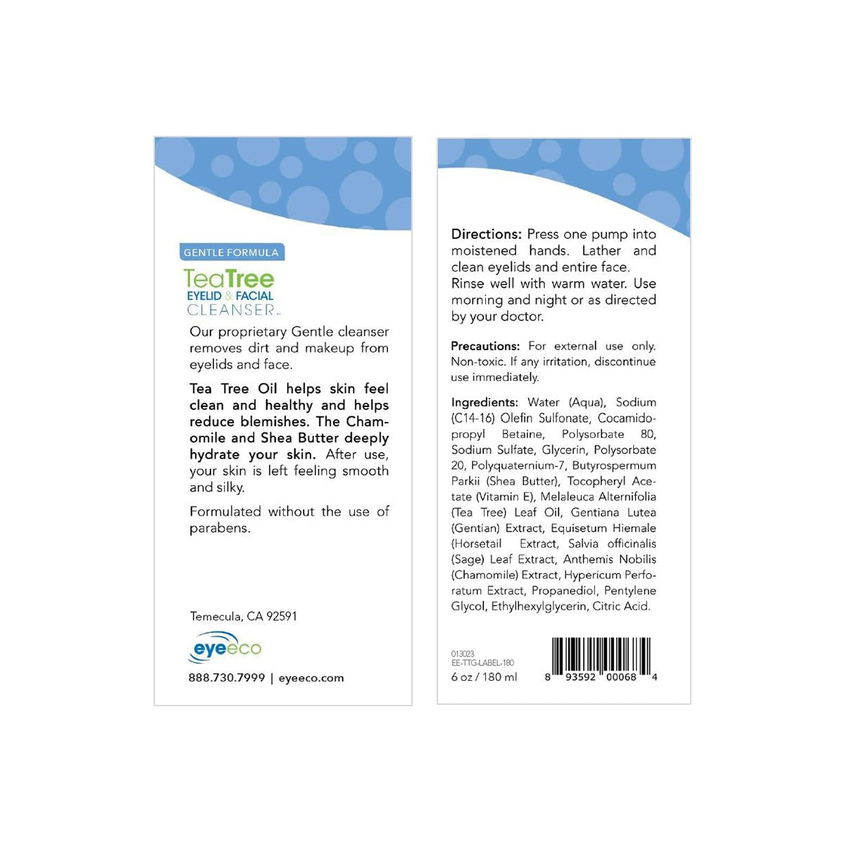 Image of PRNs EyeEco Gentle Formula Tea Tree Eyelid & Facial Cleanser label (1.69oz & 6.09oz), designed for sensitive skin. It details ingredients, usage, precautions, and contact info on a white background with soothing blue accents.