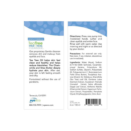 Image of PRNs EyeEco Gentle Formula Tea Tree Eyelid & Facial Cleanser label (1.69oz & 6.09oz), designed for sensitive skin. It details ingredients, usage, precautions, and contact info on a white background with soothing blue accents.