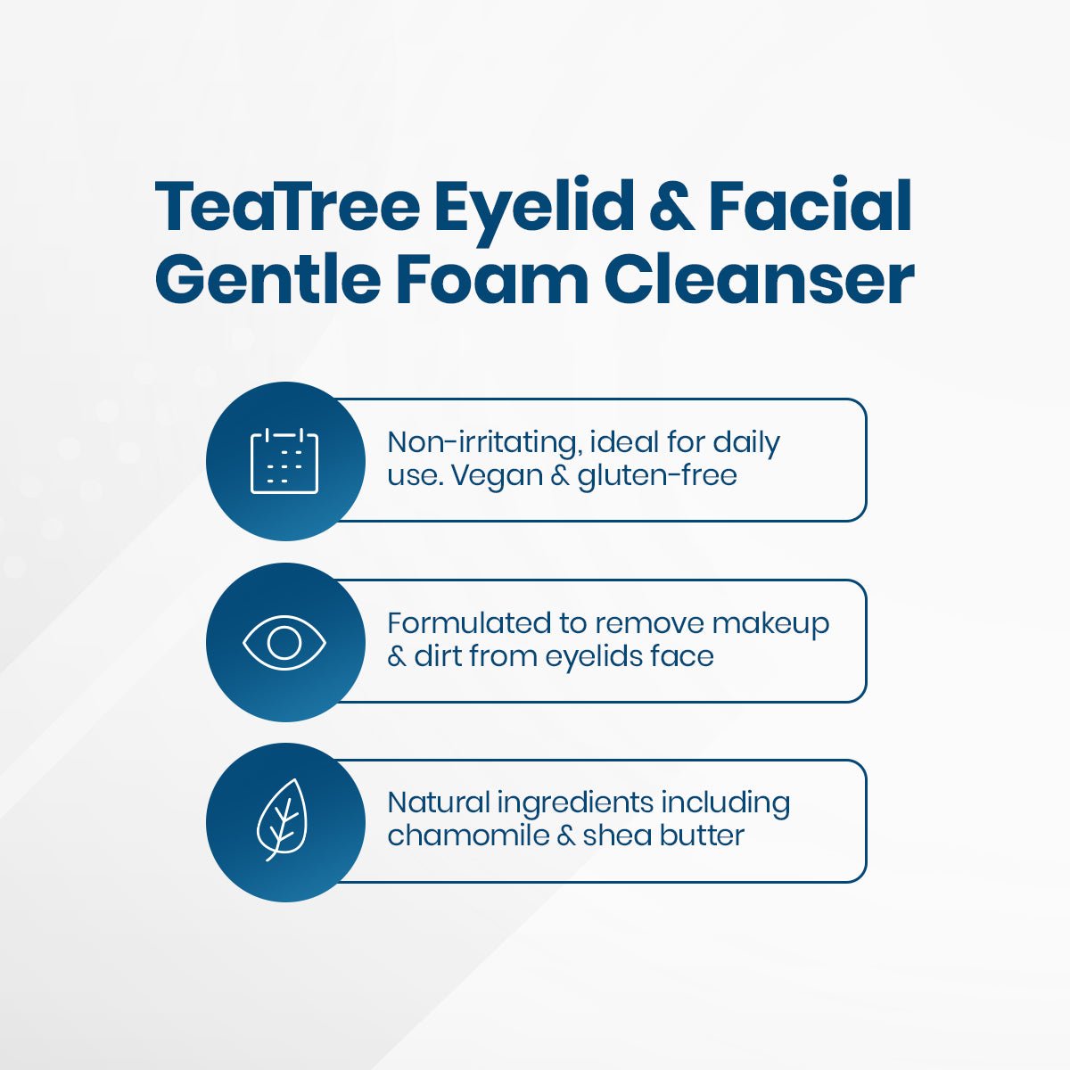 Infographic for EyeEco Gentle Formula Tea Tree Eyelid & Facial Cleanser by PRN. This vegan, gluten-free formula hydrates and soothes with chamomile and shea butter, making it ideal for makeup removal and sensitive skin care. Available in 1.69oz & 6.09oz sizes.