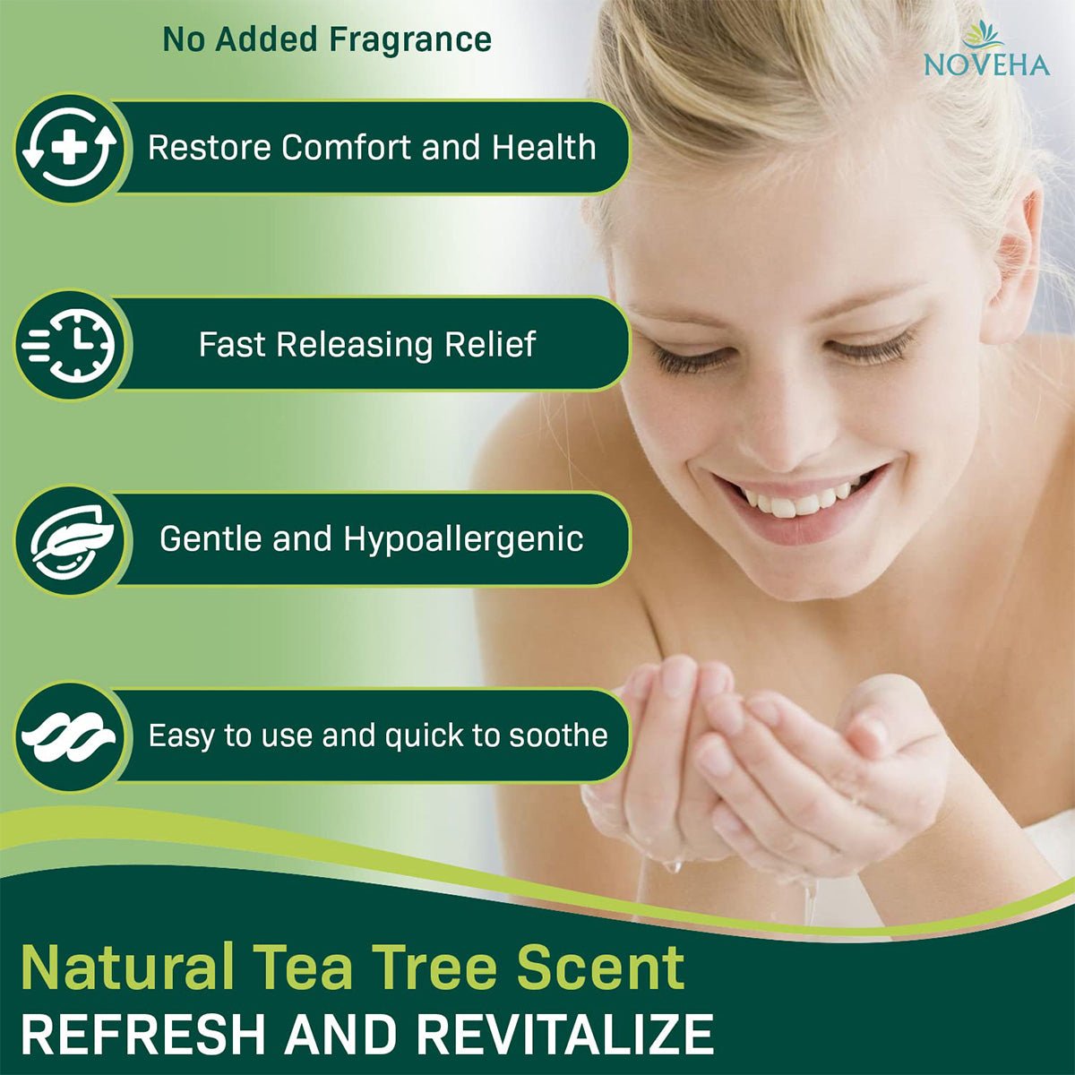 A smiling woman holds her hands near her face. Text reads: Refresh and revitalize with Noveha Demodex Eyelid Cleanser Foam. No added fragrance, extra strength Tea Tree Oil for fast relief. Gentle, hypoallergenic, easy to use for comfort.