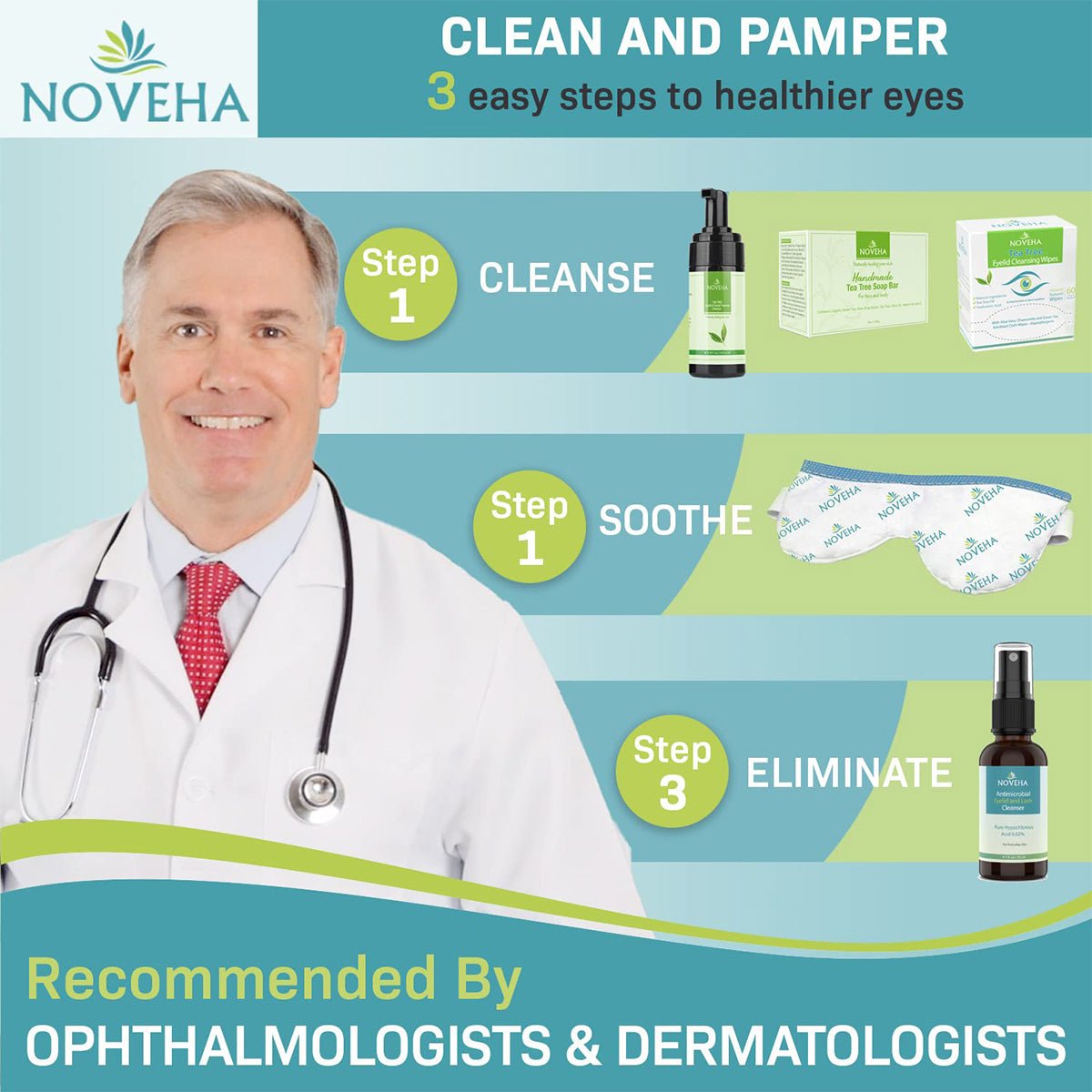 Explore Novehas eye care range, endorsed by doctors. Our three-step system includes the Noveha Tea Tree Oil Foaming Cleanser for Eyelids to purify, an eye mask for soothing, and a revitalizing mist. Achieve naturally healthier eyes!.