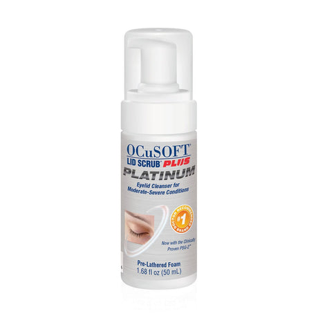 The OCuSOFT Lid Scrub Plus Platinum Foam 50ml is an eyelid cleanser ideal for moderate to severe blepharitis or Demodex. It comes in a convenient pump dispenser and includes an eyelid image on the label.