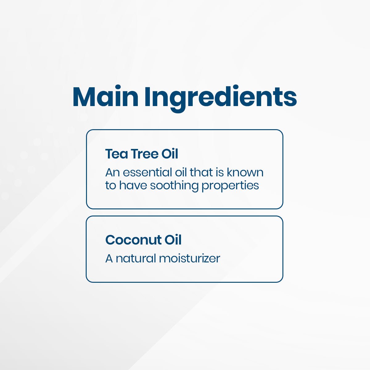The image shows key ingredients of OCuSOFT Oust Demodex Removal Cleanser Foam (50mL): soothing Tea Tree Oil for eyelid irritation and Coconut Oil as a natural moisturizer, set against a light background with subtle patterns.