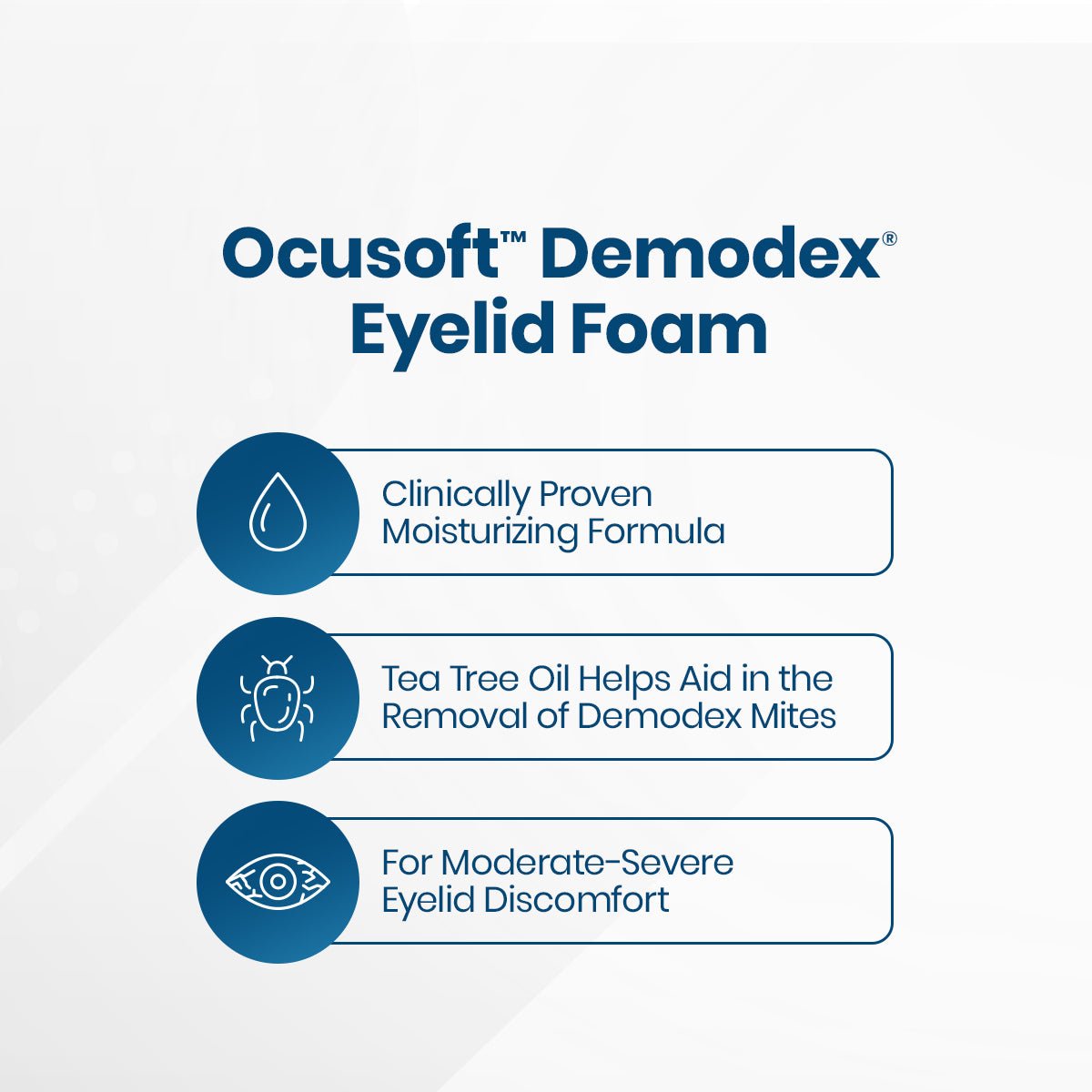 The image showcases the OCuSOFT Oust Demodex Cleanser Foam Compliance Kit, featuring a clinically proven formula with tea tree oil for effective Demodex treatment. Ideal for those seeking optimal eyelid hygiene and relief from moderate to severe discomfort. Comes with 50ml foam and 100 pads.
