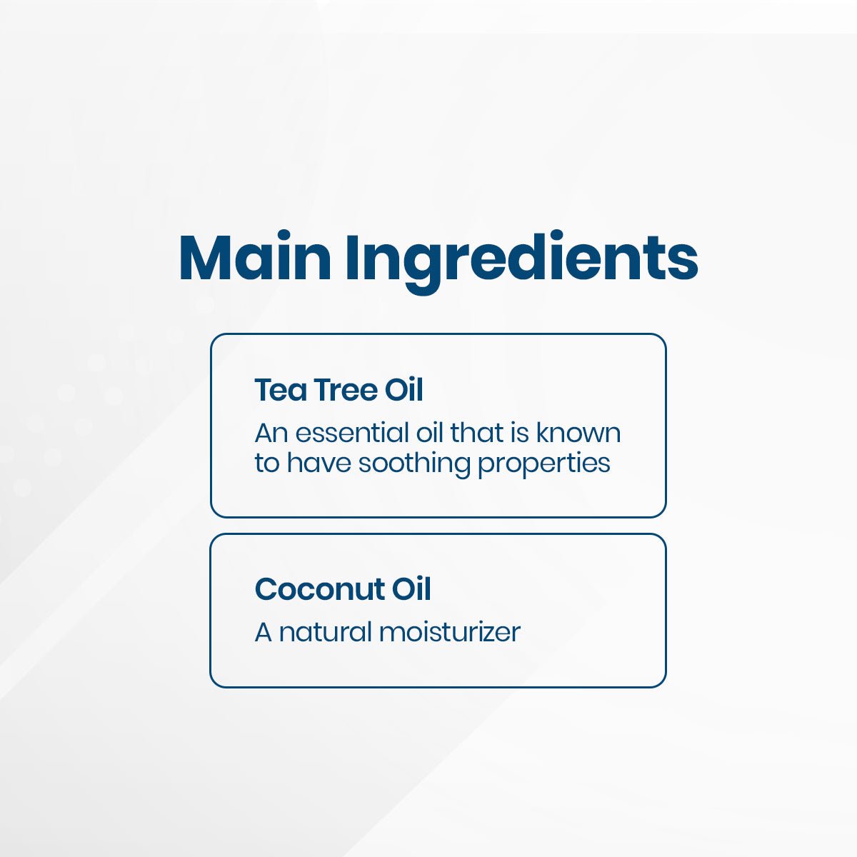 The image features a white background with Main Ingredients text. Two boxes list: Tea Tree Oil - Soothes and aids in eyelid hygiene and Demodex treatment, and Coconut Oil - Natural moisturizer. Product: OCuSOFT Oust Demodex Cleanser Foam Compliance Kit.