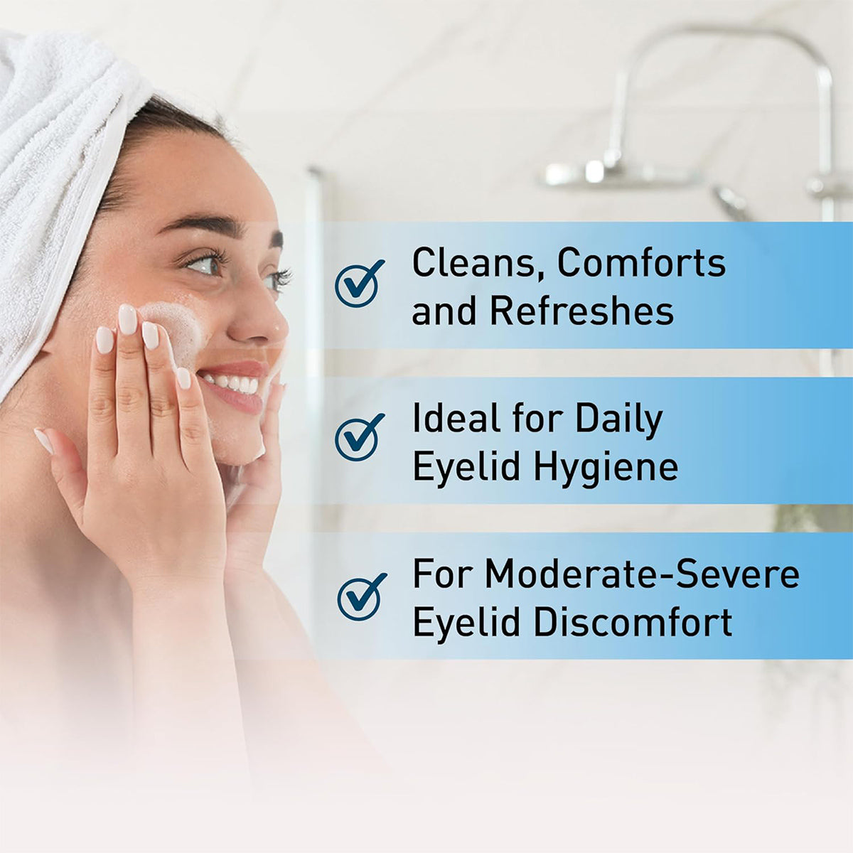 A person with a towel on their head uses OCuSOFT Lid Scrub PLUS Foaming Eyelid Cleanser – Extra Strength Formula. Text reads: Cleans, Comforts and Refreshes, Ideal for Daily Eyelid Hygiene, and For Moderate-Severe Eyelid Discomfort, with checkmarks, offering blepharitis relief.
