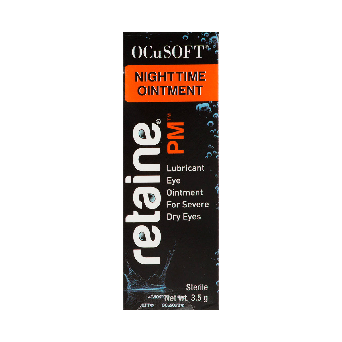 The Retaine PM Nighttime Ointment by OCuSOFT, in a 5g economy size, provides preservative-free relief for severe dry eyes with its sterile formula. The packaging features a striking black and orange design with water drop graphics.